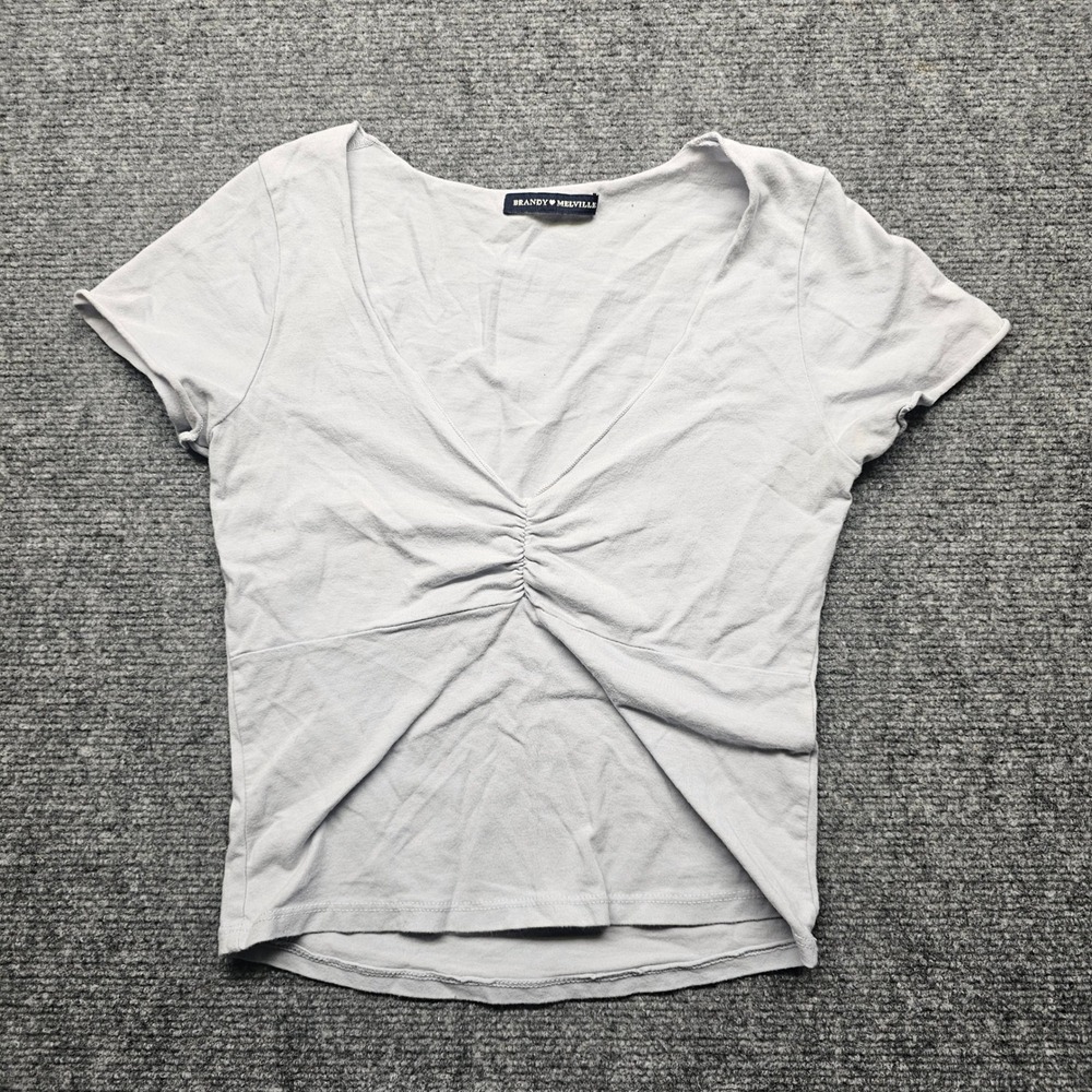 Brandy Melville Light Blue Ruched V-Neck Short Sleeve Top One Size